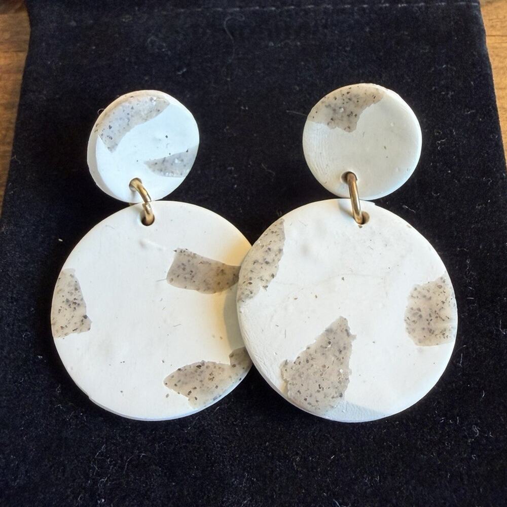 Handcrafted Polymer Clay Round Dangle Earrings White Beige